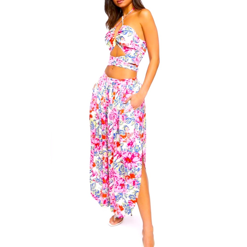 Floral Print Spring/Summer Halter Top & Wide Leg Slit Pants